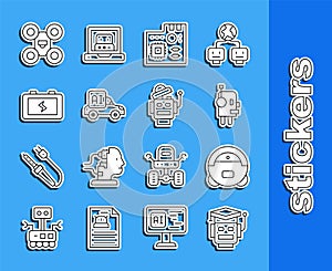 Set line Robot, vacuum cleaner, Motherboard digital chip, Autonomous smart car, Battery, Drone and icon. Vector