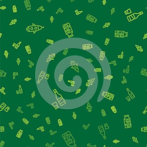 Set line Rocket ship, Bottle of vodka with glass and Pickled cucumbers in jar on seamless pattern. Vector