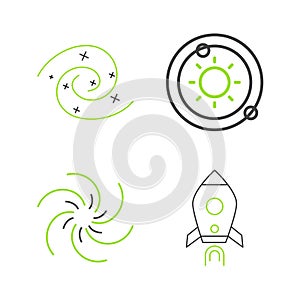 Set line Rocket ship with fire, Black hole, Solar system and icon. Vector