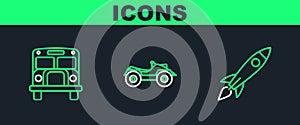 Set line Rocket ship with fire, School Bus and All Terrain Vehicle or ATV motorcycle icon. Vector