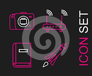 Set line Rocket ship with fire, User manual, Router and wi-fi signal and Mirrorless camera icon. Vector