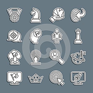 Set line Rocket ship, Moon with flag, Chess, Hand holding Earth globe, Target, Medal and Head hunting icon. Vector