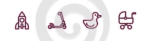 Set line Rocket ship toy, Rubber duck, Roller scooter and Baby stroller icon. Vector