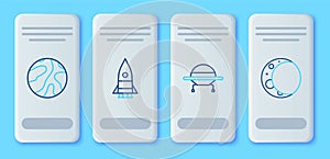 Set line Rocket ship, UFO flying spaceship, Falling stars and Moon icon. Vector