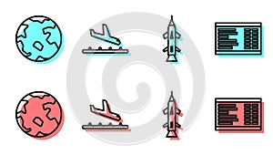 Set line Rocket, Worldwide, Plane landing and Airport board icon. Vector