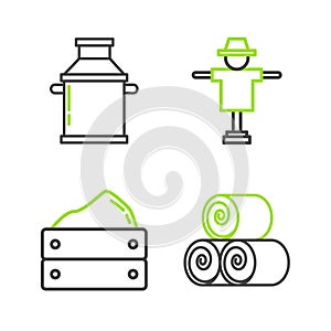 Set line Roll of hay, Wooden box with harvest, Scarecrow and Can container for milk icon. Vector