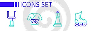 Set line Roller skate, Chess, Kimono and American football goal post icon. Vector