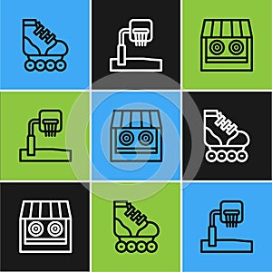 Set line Roller skate, Shooting gallery and Basketball backboard icon. Vector