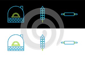 Set line Rolling pin, Brick stove and Cereals with rice, wheat, corn, oats, rye icon. Vector