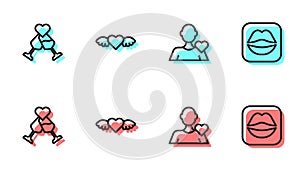 Set line Romantic man, Glass of champagne, Heart with wings and Smiling lips icon. Vector