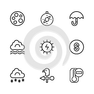 Set line Rooster weather vane, Compass south, Thermometer, Solar energy panel, Umbrella, Moon, and Fog and cloud icon