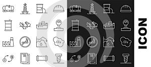 Set line Rotating drill digging a hole, CO2 emissions cloud, Gauge scale, Barrel oil leak, Wrecked tanker ship, Oil