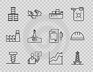 Set line Rotating drill digging a hole, Oil rig with fire, tanker ship, Nature saving protest, Barrel oil, price