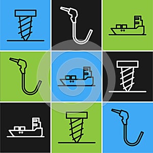 Set line Rotating drill digging a hole, Oil tanker ship and Gasoline pump nozzle icon. Vector