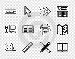 Set line Roulette construction, Open book, Arrow, Ruler, Crossed ruler and pencil and icon. Vector