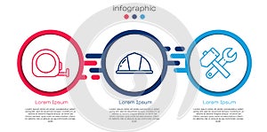 Set line Roulette construction, Worker safety helmet and Hammer and wrench spanner. Business infographic template