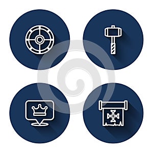 Set line Round shield, Battle hammer, King crown and Crusade with long shadow. Blue circle button. Vector