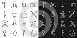 Set line Round wooden shield, Crossed medieval sword, spears, Medieval flag, axe and Castle, fortress icon. Vector