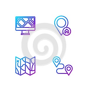 Set line Route location, Folded map, Monitor with and Location house. Gradient color icons. Vector