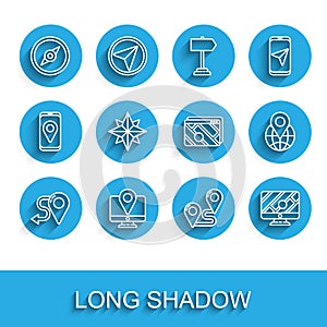 Set line Route location, Monitor with marker, Compass, Wind rose, Location the globe and Infographic of city map