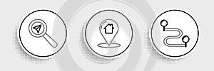 Set line Route location, Search and Map pointer with house icon. Vector