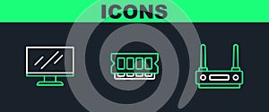 Set line Router and wi-fi signal, Computer monitor screen and RAM, random access memory icon. Vector