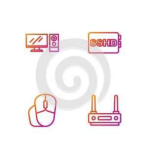 Set line Router and wi-fi signal, Computer mouse, monitor and SSHD card. Gradient color icons. Vector