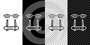 Set line Router and wi-fi signal icon isolated on black and white background. Wireless ethernet modem router. Computer