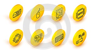 Set line Router and wi-fi signal, Keyboard, Web camera, Processor with CPU, Hard disk drive HDD, Computer mouse and