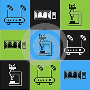 Set line Router and wi-fi signal, Microscope and Keyboard and mouse icon. Vector