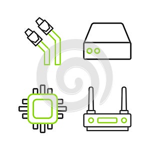 Set line Router and wi-fi signal, Processor with CPU, Server, Data, Web Hosting and LAN cable network internet icon