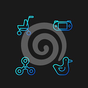 Set line Rubber duck, Fidget spinner, Baby stroller and Portable video game console. Gradient color icons. Vector