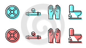 Set line Rubber gloves, Industry valve, Industry pipe and manometer and Toilet bowl icon. Vector