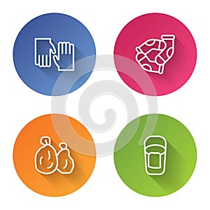 Set line Rubber gloves, Socks, Garbage bag and Bucket with rag. Color circle button. Vector