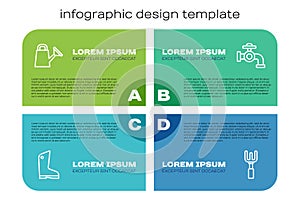 Set line Rubber gloves, Watering can, Garden rake and tap. Business infographic template. Vector