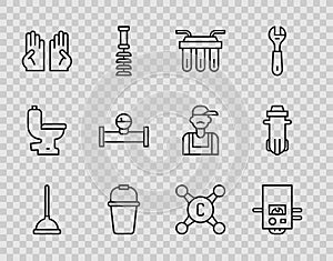 Set line Rubber plunger, Gas boiler, Water filter, Bucket, gloves, Industry pipe and manometer, tap and icon. Vector