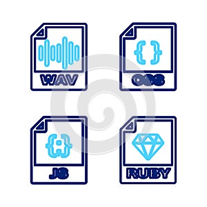 Set line RUBY file document, JS, CSS and WAV icon. Vector
