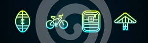 Set line Rugby ball, Bicycle, First aid kit and Hang glider. Glowing neon icon. Vector