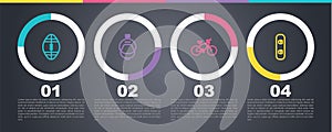 Set line Rugby ball, Helmet and action camera, Bicycle and Snowboard. Business infographic template. Vector
