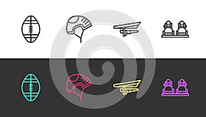 Set line Rugby ball, Helmet, Hang glider and Snowboard on black and white. Vector