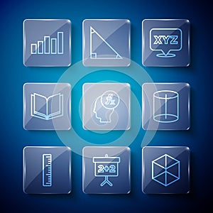 Set line Ruler, Chalkboard, Geometric figure Cube, XYZ Coordinate system, Function mathematical symbol, Open book, Graph