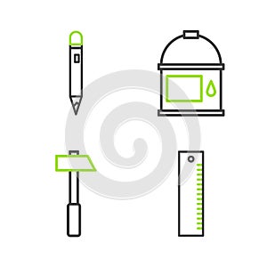 Set line Ruler, Hammer, Paint bucket and Pencil with eraser icon. Vector