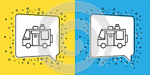 Set line Rv Camping trailer icon isolated on yellow and blue background. Travel mobile home, caravan, home camper for