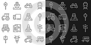 Set line Rv Camping trailer, Road traffic signpost, Delivery truck, cargo, Tractor, Speed limit and Cargo ship icon