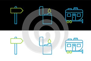 Set line Rv Camping trailer, Road traffic signpost and Lighter icon. Vector