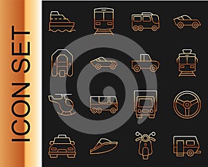 Set line Rv Camping trailer, Steering wheel, Tram and railway, Bus, Car, Rafting boat, Cruise ship and Pickup truck icon
