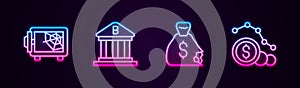 Set line Safe, Bank building, Money bag and Dollar rate decrease. Glowing neon icon. Vector