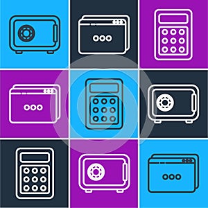 Set line Safe, Calculator and Website template icon. Vector