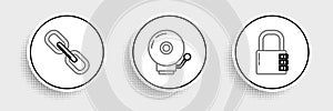 Set line Safe combination lock, Chain link and Ringing alarm bell icon. Vector