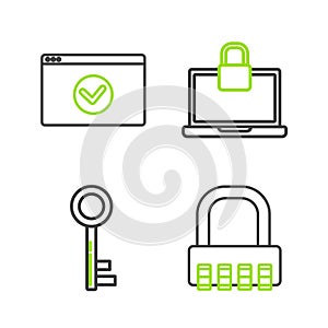 Set line Safe combination lock, Key, Laptop and and Secure your site with HTTPS, SSL icon. Vector